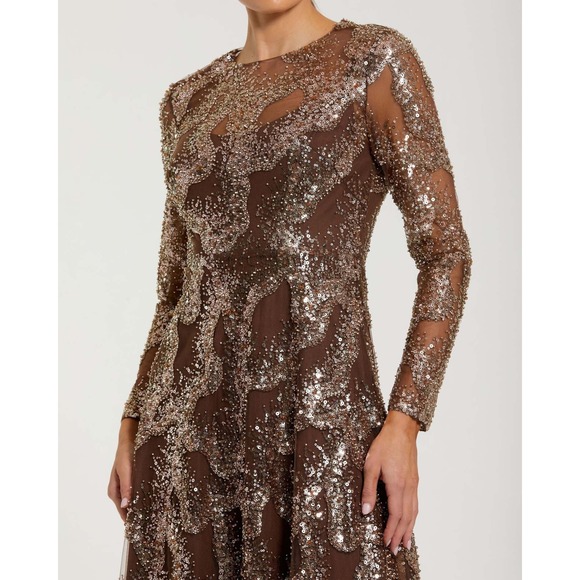 Mac Duggal Brown Embellished Long Sleeve High Neck Evening Gown $698 - Size 12 - Picture 7 of 14